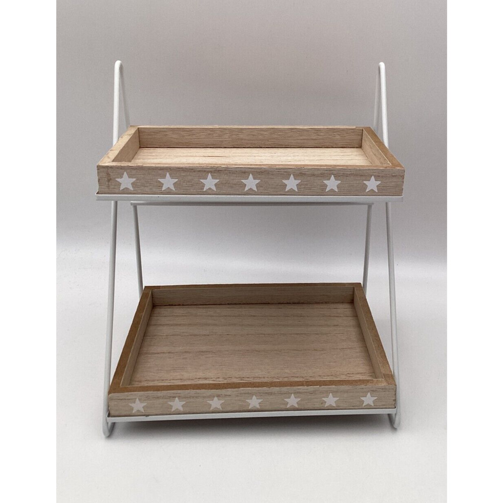 2 Tier White Frame Box Style Small Display Shelf w White Star Print 8" Tall. NEW